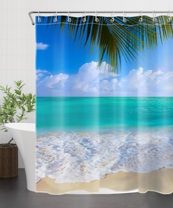 Beachy Sky Shower Curtain with Palm Leaves and Ocean for a Summer Vibe