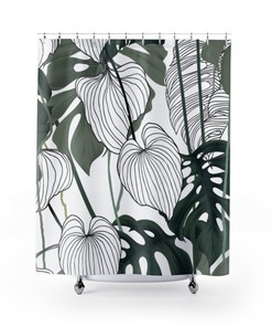 Beachy White and Green Shower Curtain, Elegant Tropical Bathroom Accessory