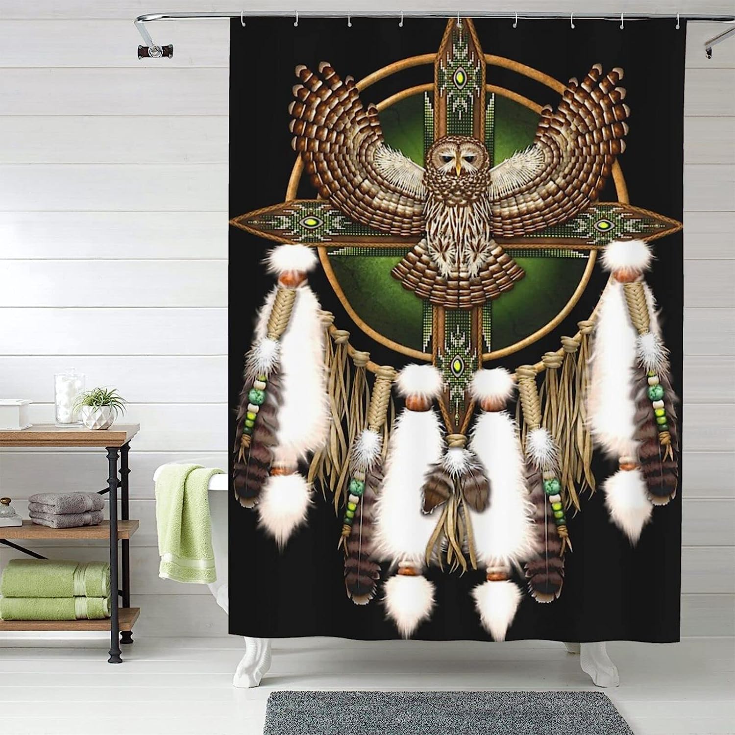 Beadwork Owl Mandala Shower Curtain for a Handcrafted Vibe