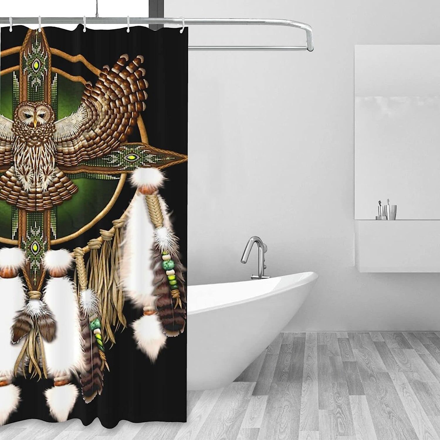 Beadwork Owl Mandala Shower Curtain for a Handcrafted Vibe