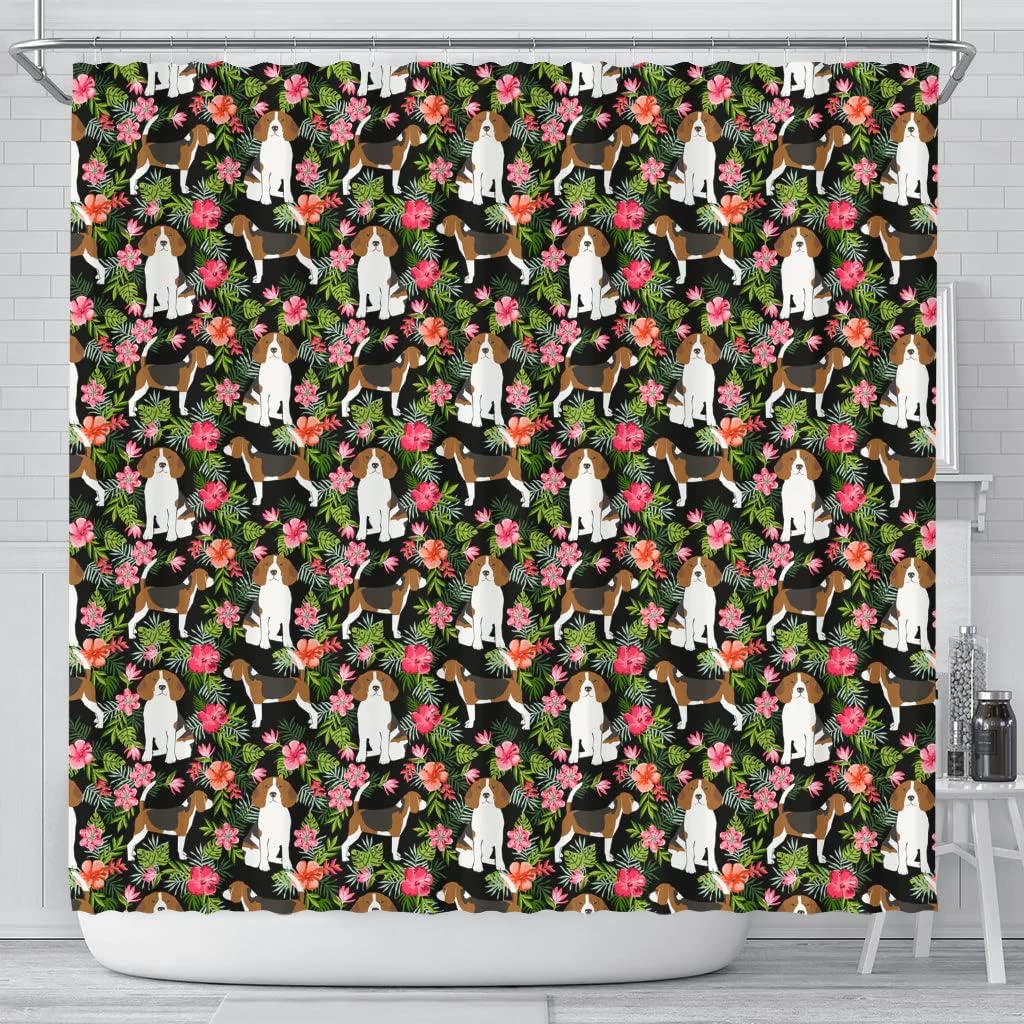 Beagle Dog Floral Print Shower Curtain, Perfect For Animal Lovers