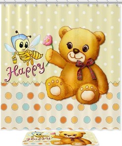 Bear And Bee Bathroom Set With Waterproof Fabric Shower Curtain