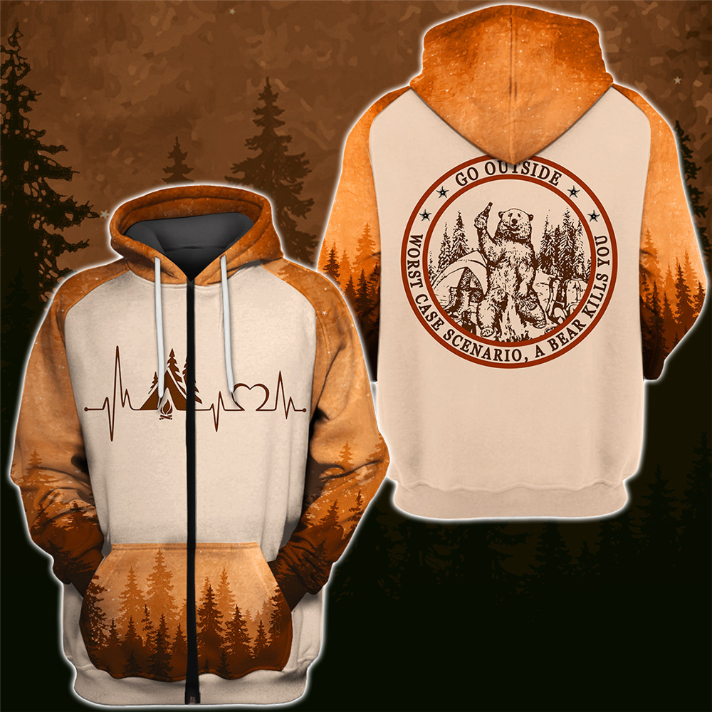 Bear Beer Heartbeat Campfire Hoodie 3D Zip Up Hoodie All Over Print, Perfect For Outdoor Fans