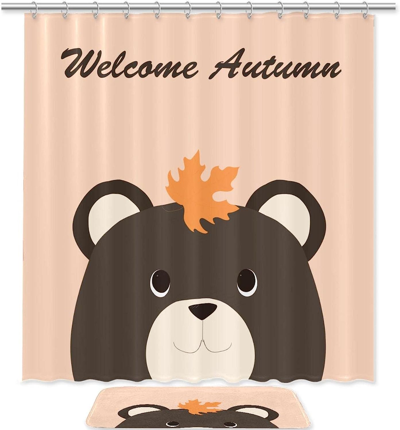 Bear Head with Autumn Maple Leaf - Waterproof Bathroom Shower Curtain