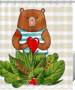 Bear Heart Cartoon Leaves Forest Vintage Shower Curtains for Bathroom