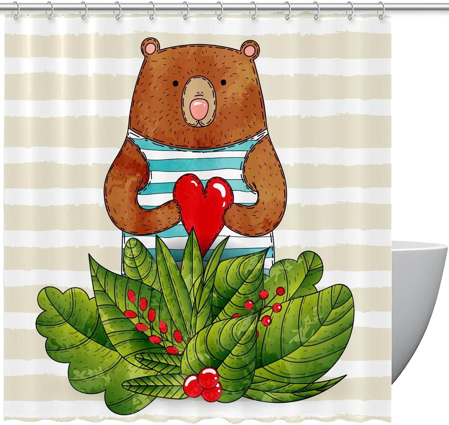 Bear Heart Cartoon Leaves Forest Vintage Shower Curtains for Bathroom