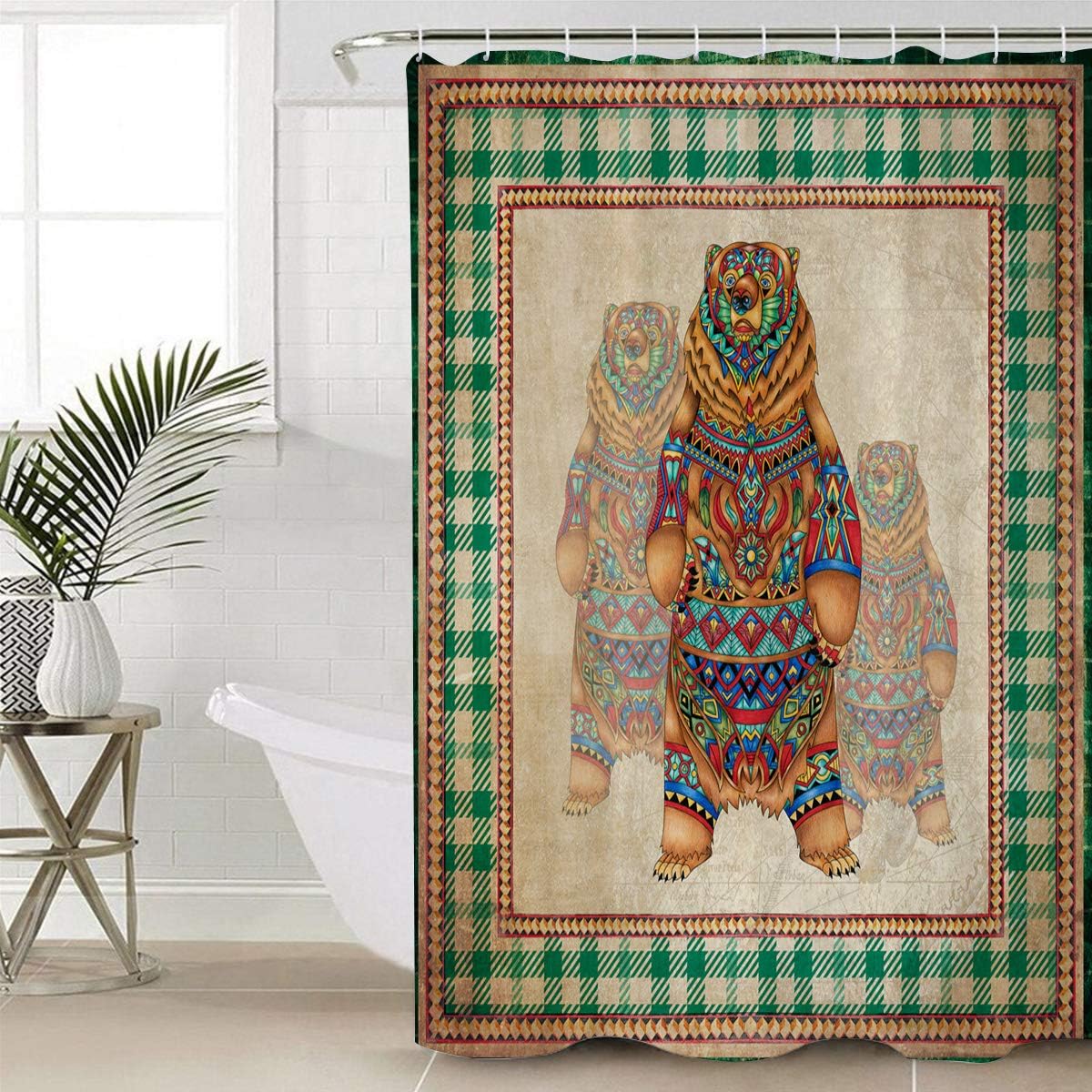 Bear Lattice Oil Painting Print Shower Curtain for Bathroom