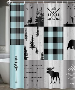 Bear Moose Deer Trees Decor Rustic Cabin Lodge Fabric Shower Curtain