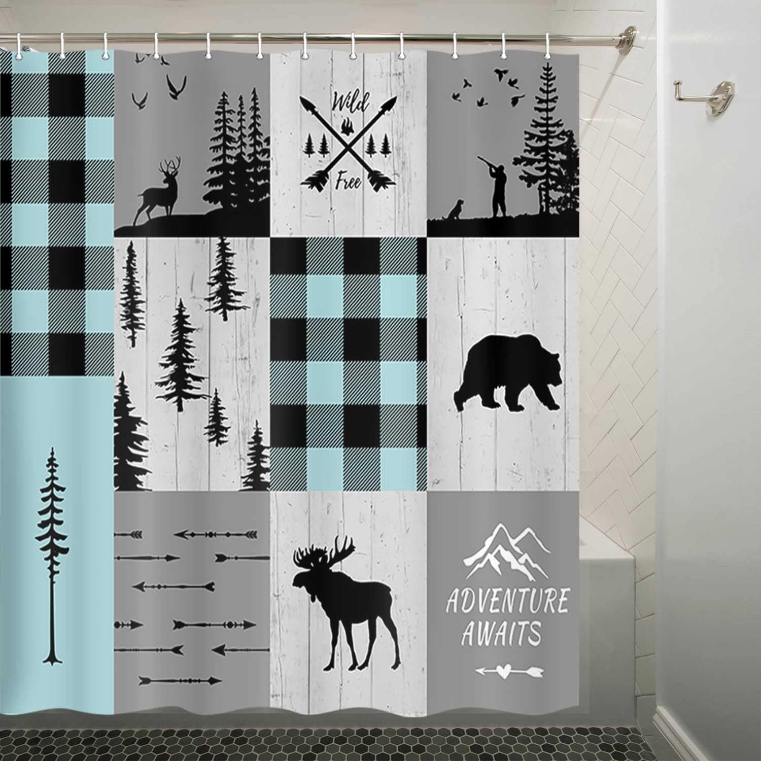 Bear Moose Deer Trees Decor Rustic Cabin Lodge Fabric Shower Curtain - Image 3