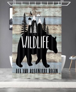 Bear On Teal Wooden Board Shower Curtain For Happy Camper Rv Bathroom Stall, Ideal For Any Camping Enthusiast