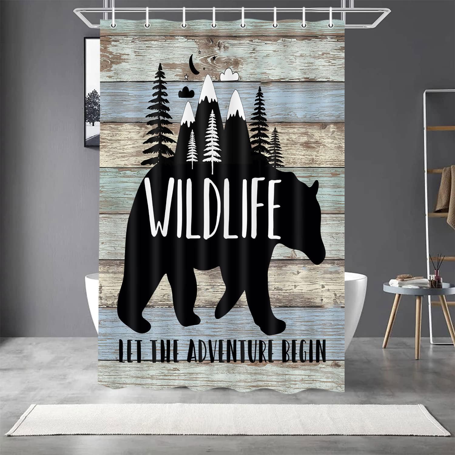 Bear On Teal Wooden Board Shower Curtain For Happy Camper Rv Bathroom Stall, Ideal For Any Camping Enthusiast