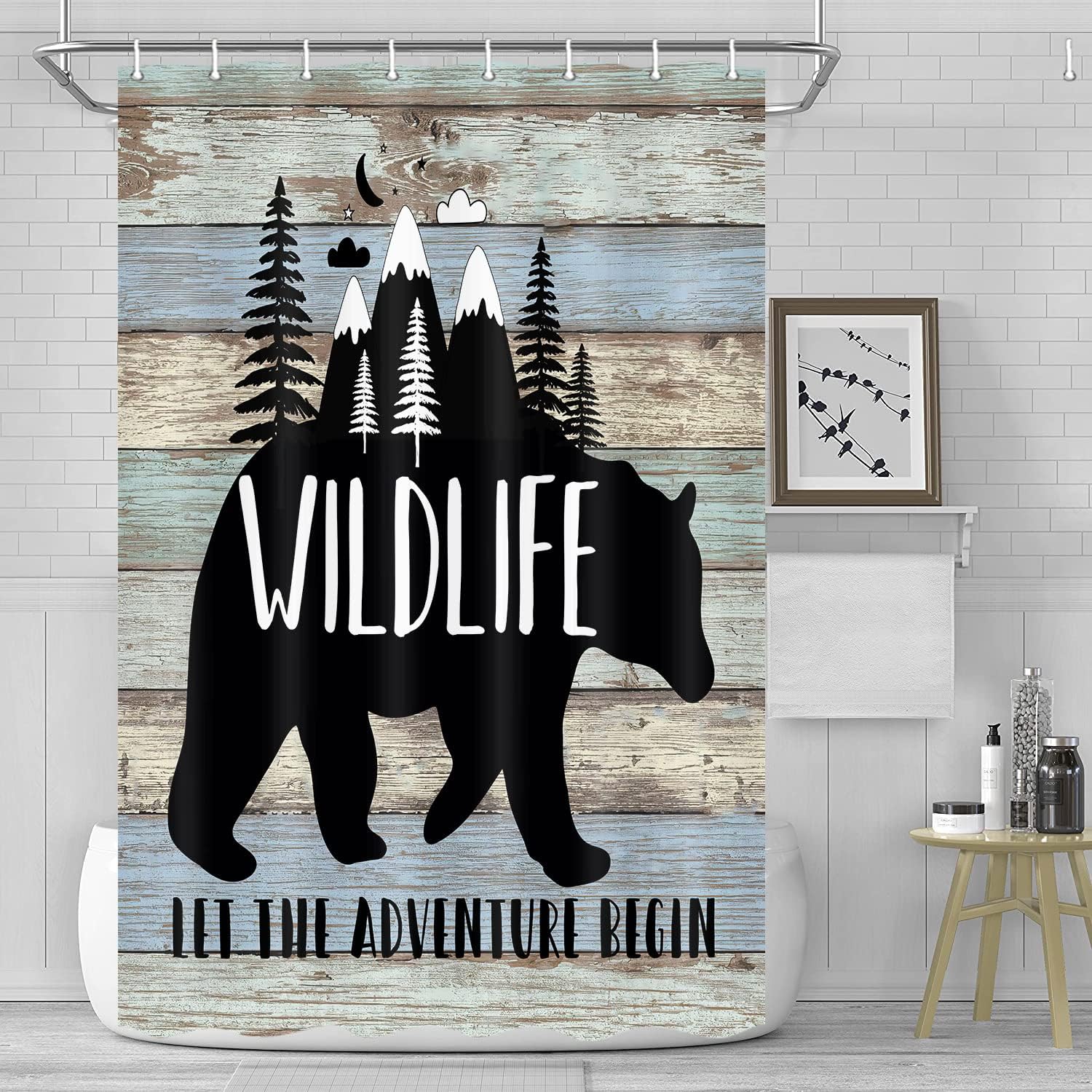 Bear On Teal Wooden Board Shower Curtain For Happy Camper Rv Bathroom Stall, Ideal For Any Camping Enthusiast - Image 2