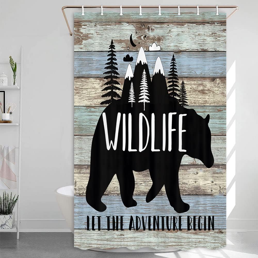 Bear On Teal Wooden Board Shower Curtain For Happy Camper Rv Bathroom Stall, Ideal For Any Camping Enthusiast - Image 3