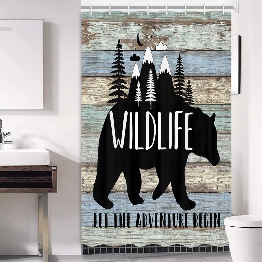 Bear On Teal Wooden Board Shower Curtain For Happy Camper Rv Bathroom Stall, Ideal For Any Camping Enthusiast - Image 4