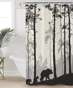 Bear Pine Trees Forest Full Size Shower Curtain for Wildlife Enthusiasts