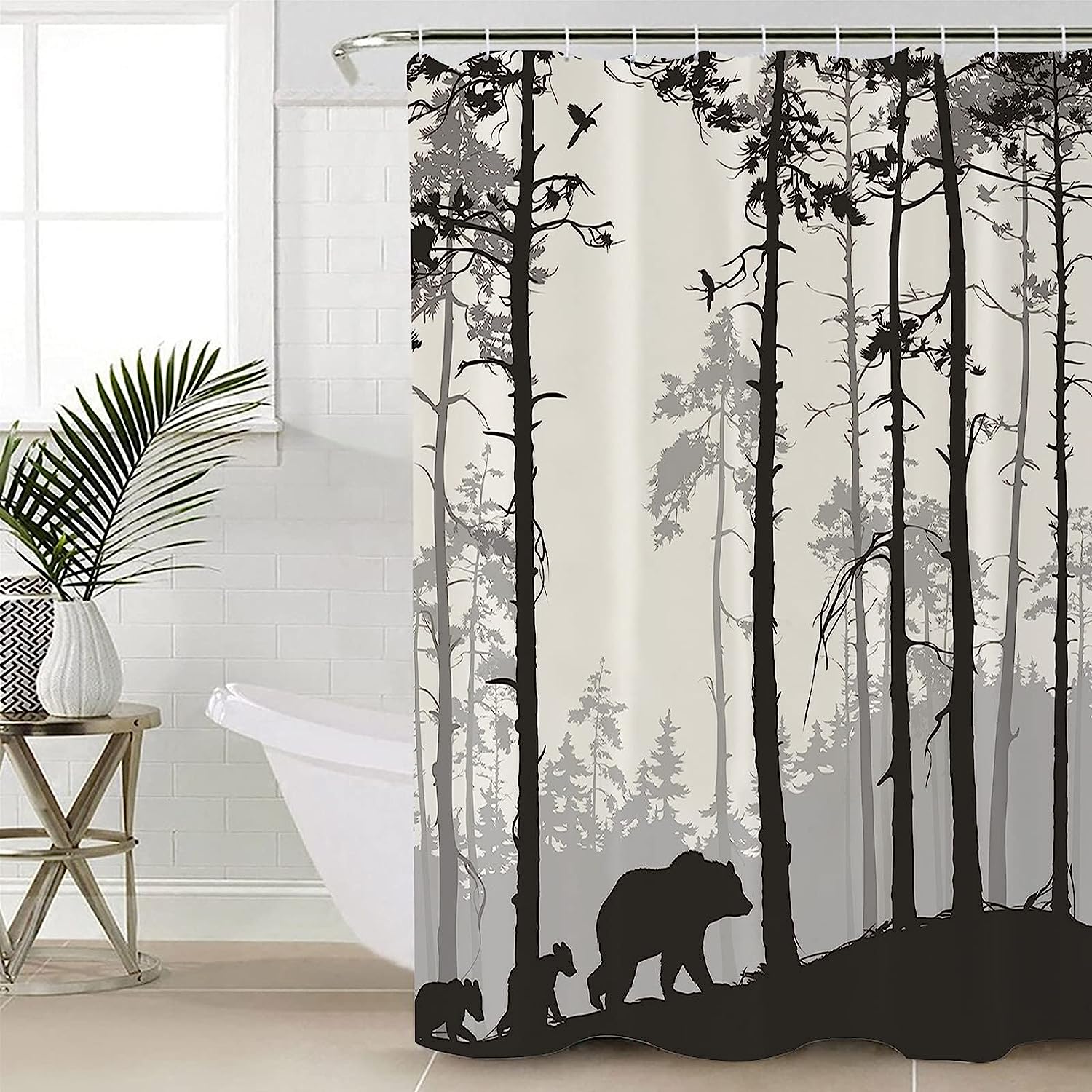 Bear Pine Trees Forest Full Size Shower Curtain for Wildlife Enthusiasts