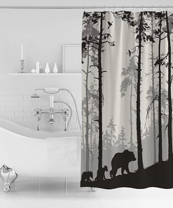 Bear Pine Trees Forest Full Size Shower Curtain for Wildlife Enthusiasts