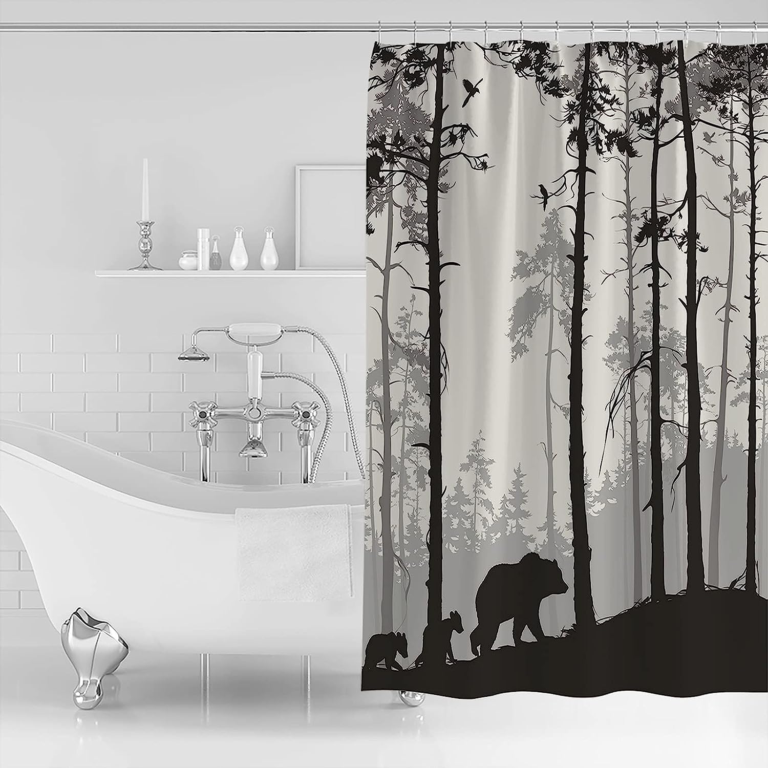 Bear Pine Trees Forest Full Size Shower Curtain for Wildlife Enthusiasts