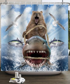 Bear Riding Shark Shower Curtain - A Fun And Fierce Bathroom Look For Kids