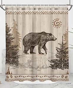 Bear Shower Curtain With Rustic Brown Wood Wooden Board Forest Wild Design