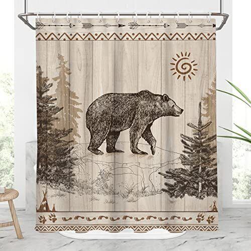Bear Shower Curtain With Rustic Brown Wood Wooden Board Forest Wild Design