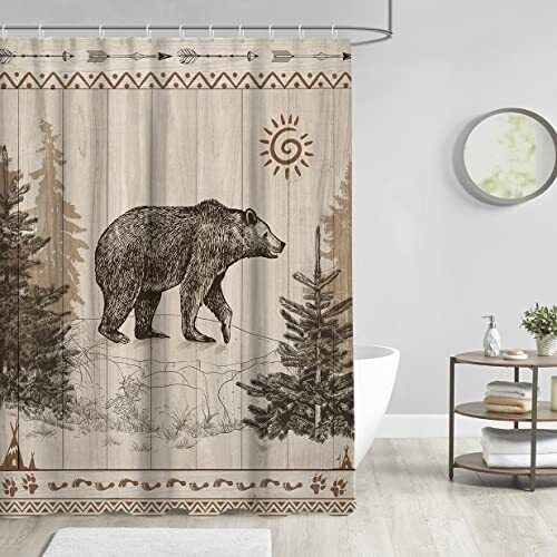 Bear Shower Curtain With Rustic Brown Wood Wooden Board Forest Wild Design - Image 2