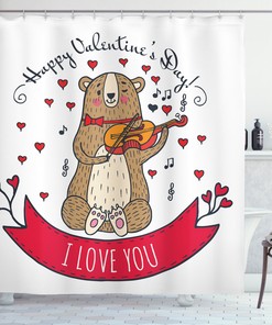Bear and Violin Print Valentine's Day Shower Curtain for Bathroom Decor