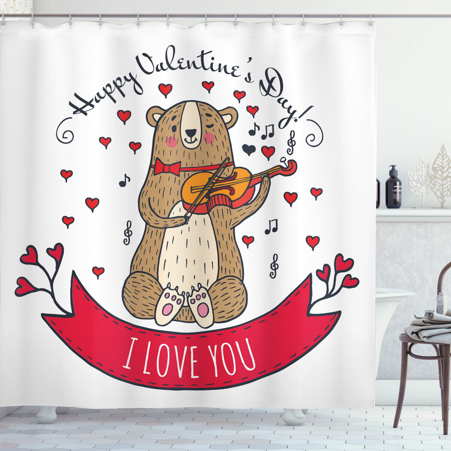 Bear and Violin Print Valentine's Day Shower Curtain for Bathroom Decor