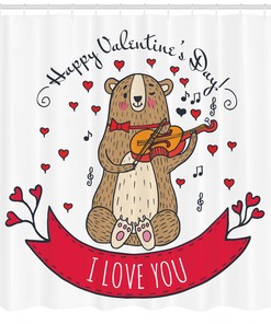 Bear and Violin Print Valentine's Day Shower Curtain for Bathroom Decor