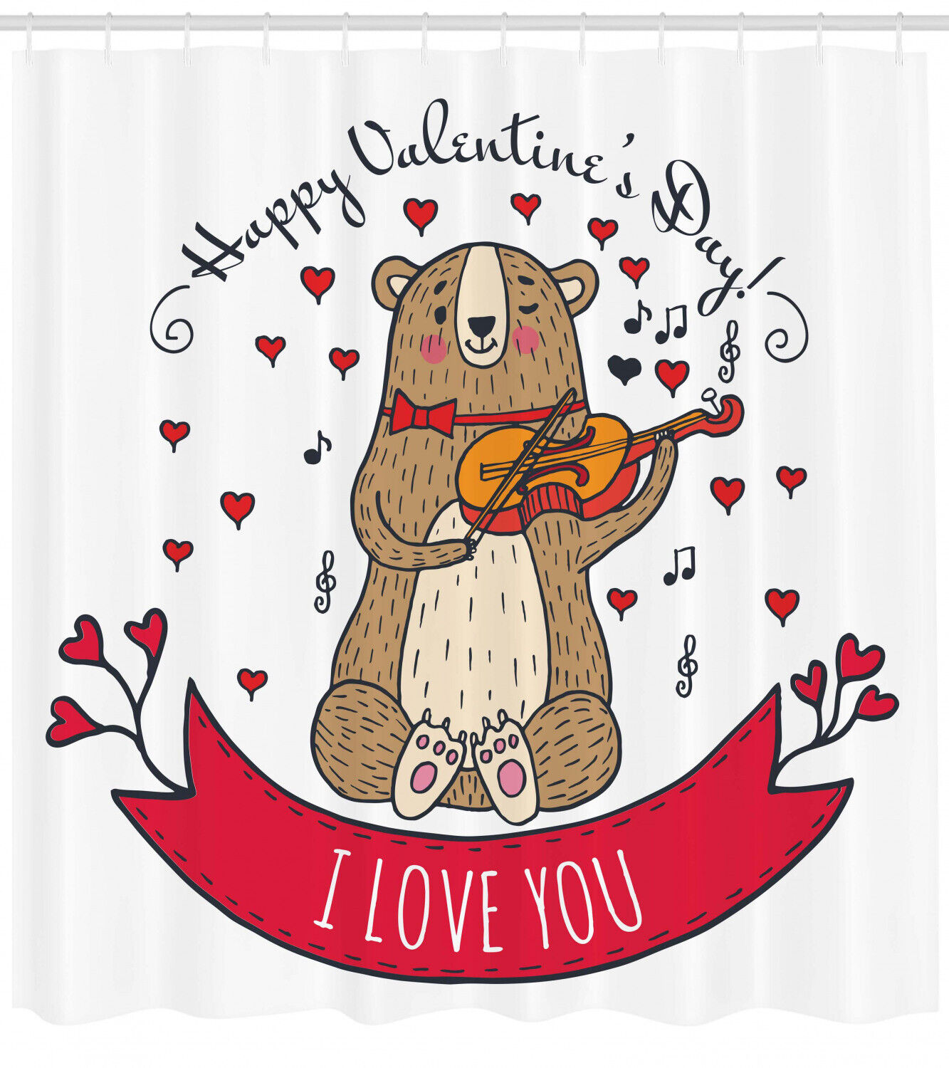 Bear and Violin Print Valentine's Day Shower Curtain for Bathroom Decor