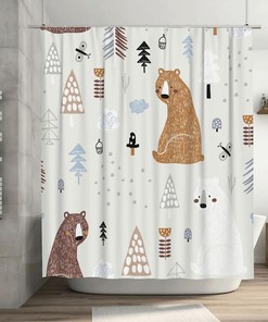 Bears in The Woods Shower Curtain Creative Kids Forest Texture, Brown White Bathtub Fabric Waterproof Curtain 