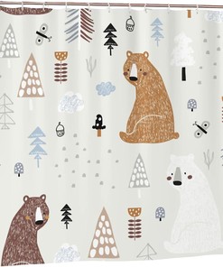 Bears in The Woods Shower Curtain Creative Kids Forest Texture, Brown White Bathtub Fabric Waterproof Curtain