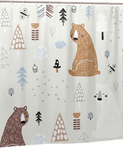 Bears in The Woods Shower Curtain Creative Kids Forest Texture, Brown White Bathtub Fabric Waterproof Curtain