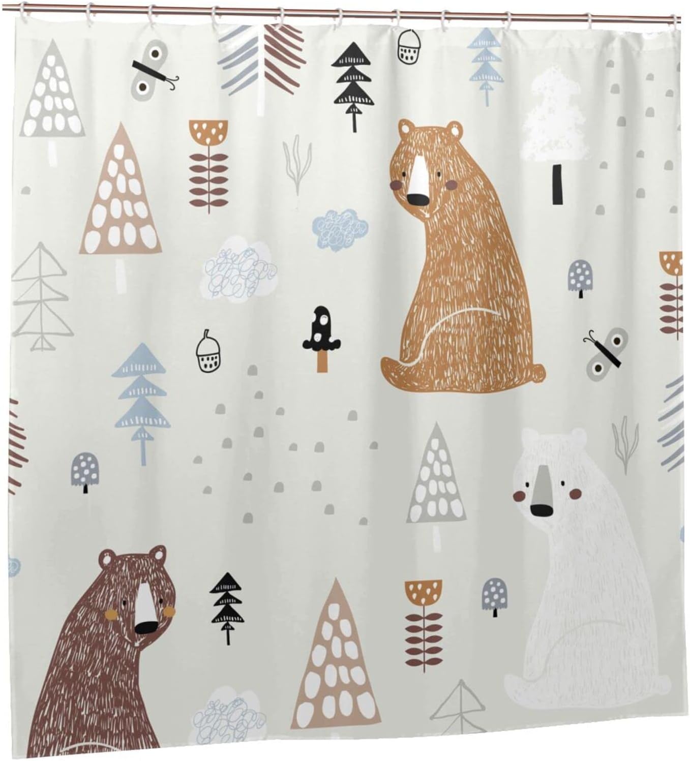 Bears in The Woods Shower Curtain Creative Kids Forest Texture, Brown White Bathtub Fabric Waterproof Curtain