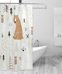 Bears in The Woods Shower Curtain Creative Kids Forest Texture, Brown White Bathtub Fabric Waterproof Curtain