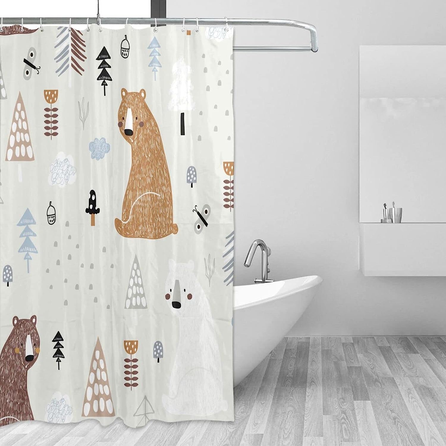 Bears in The Woods Shower Curtain Creative Kids Forest Texture, Brown White Bathtub Fabric Waterproof Curtain