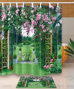 Beautiful 3D Printed Flower Door And Garden Fabric Shower Curtain For Your Bathroom