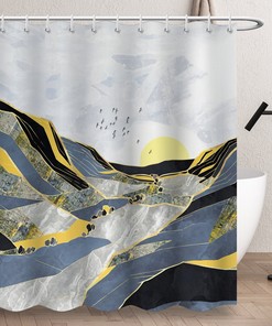 Beautiful Abstract Mountain Sunset Sunrise Shower Curtain with Marble Sun Design, Waterproof and Modern Fabric