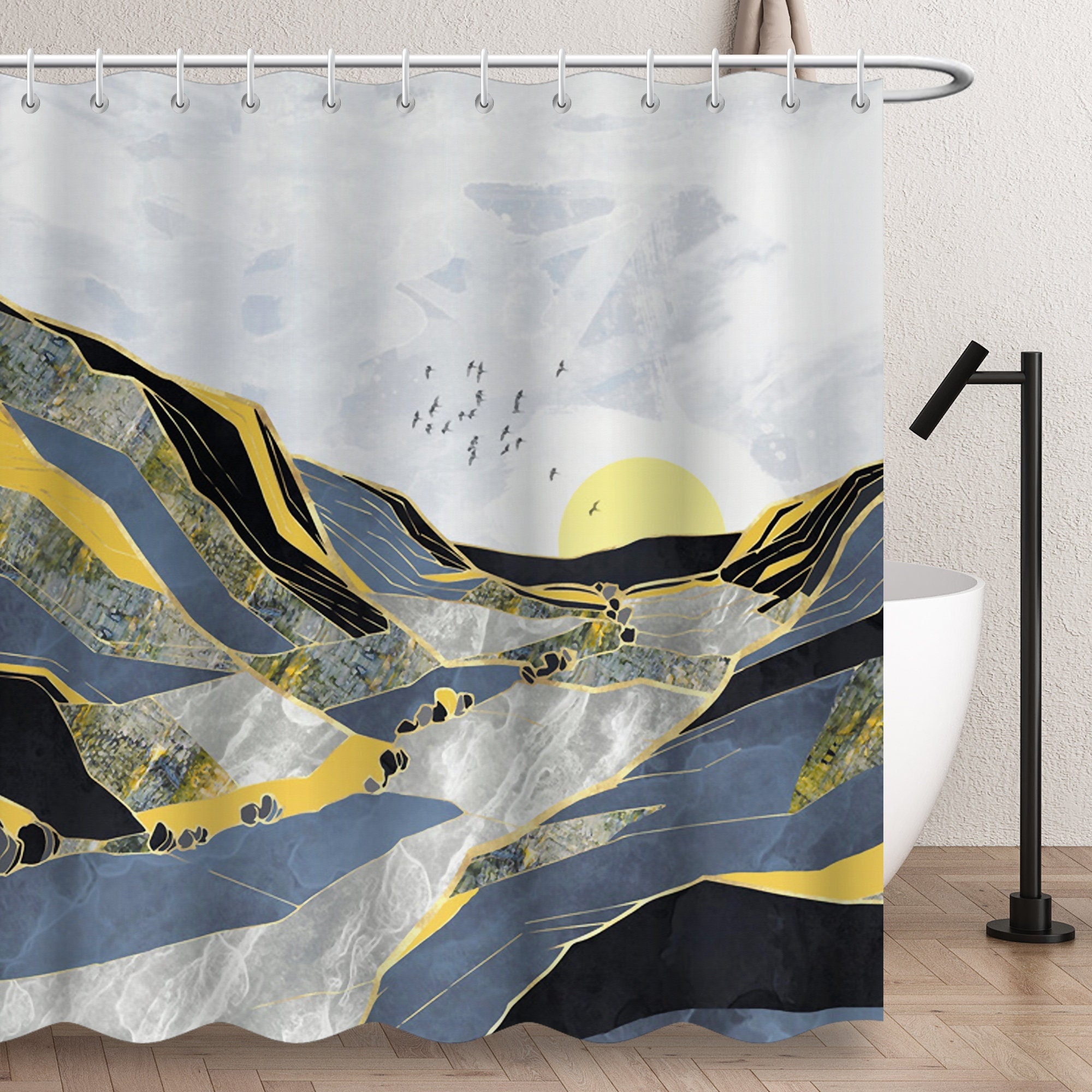 Beautiful Abstract Mountain Sunset Sunrise Shower Curtain with Marble Sun Design, Waterproof and Modern Fabric