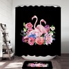 Beautiful And Playful Shower Curtain With Flamingos And Flowers Over Black, Perfect Bathroom Decor For Animal Lovers