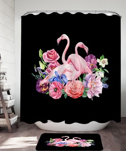 Beautiful And Playful Shower Curtain With Flamingos And Flowers Over Black, Perfect Bathroom Decor For Animal Lovers