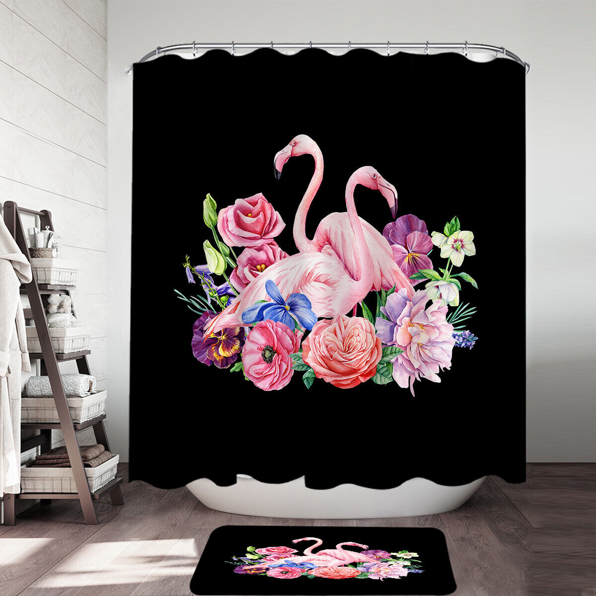 Beautiful And Playful Shower Curtain With Flamingos And Flowers Over Black, Perfect Bathroom Decor For Animal Lovers