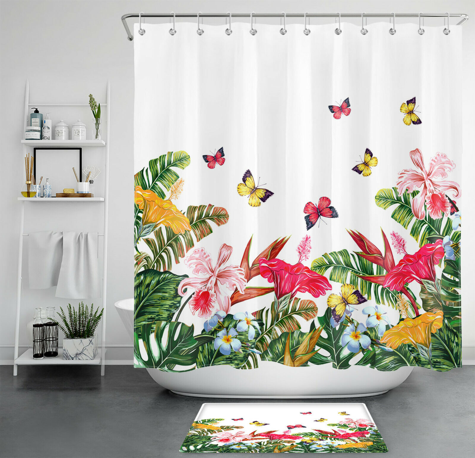 Beautiful And Rustic Butterfly Flower Print Shower Curtain For Bathroom Decor