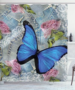Beautiful Bloom Weathered Roses Print Butterfly Shower Curtain - Rustic Bathroom Decor Idea