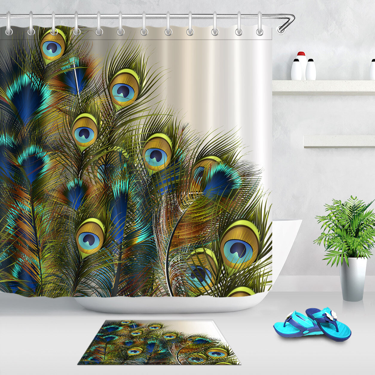 Beautiful Blue And Green Peacock Feathers Shower Curtain With Waterproof Fabric Material