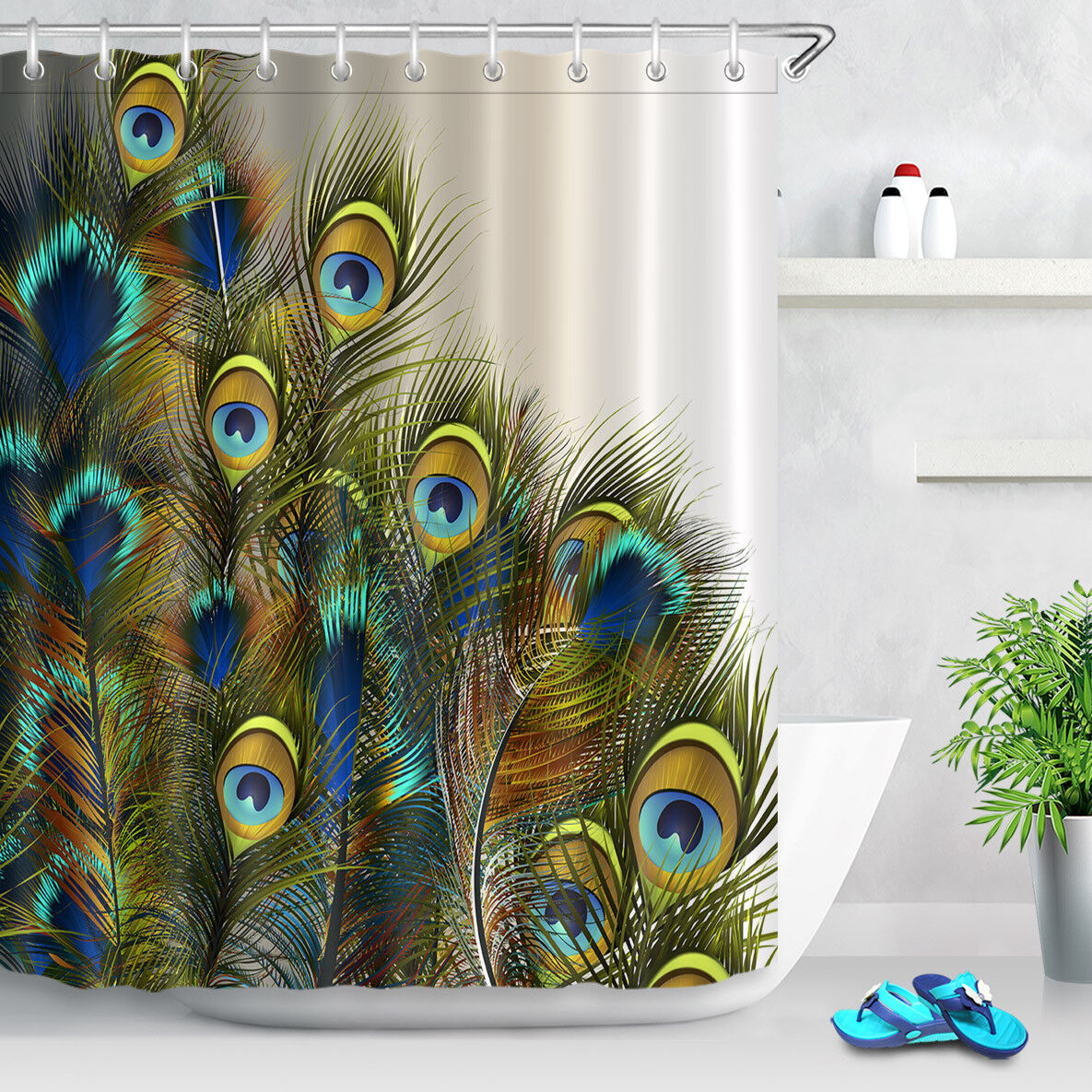 Beautiful Blue And Green Peacock Feathers Shower Curtain With Waterproof Fabric Material - Image 2