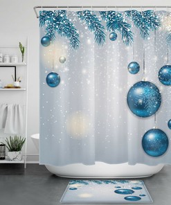 Beautiful Blue Christmas Ball Snowflake Shower Curtain With Fir Tree Branch Design For Festive Bathroom Decor