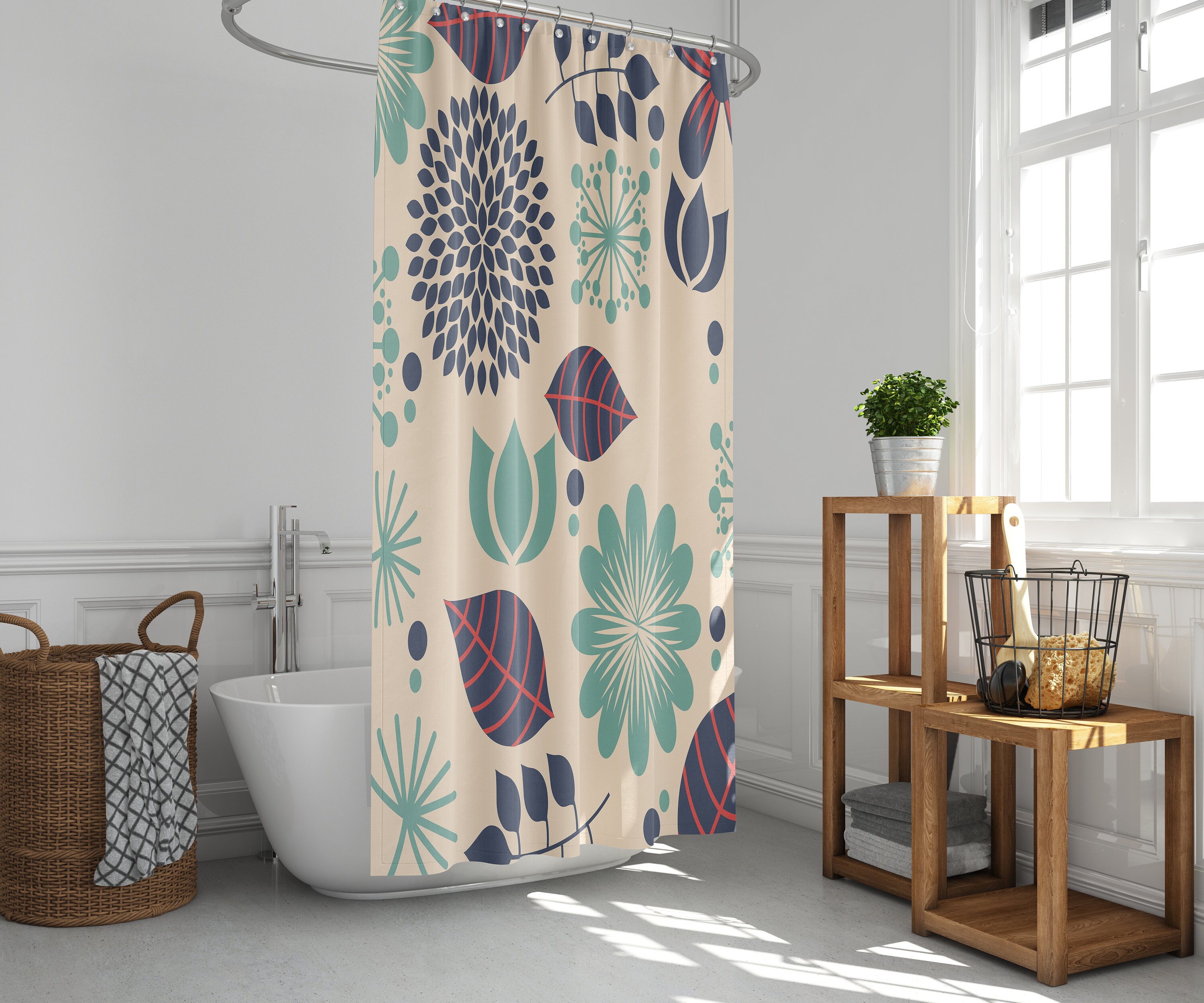 Beautiful Blue Floral Chrysanthemum Shower Curtain With Botanical Flower Summer Design For Bathroom Decor - Image 3