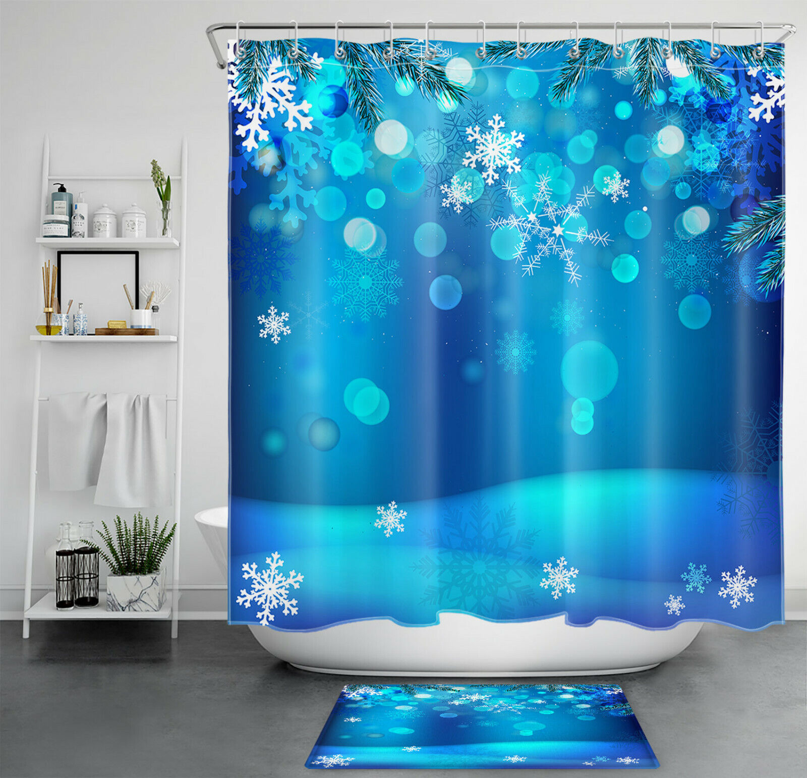 Beautiful Blue Winter Snowflake Merry Christmas Bathroom Shower Curtain