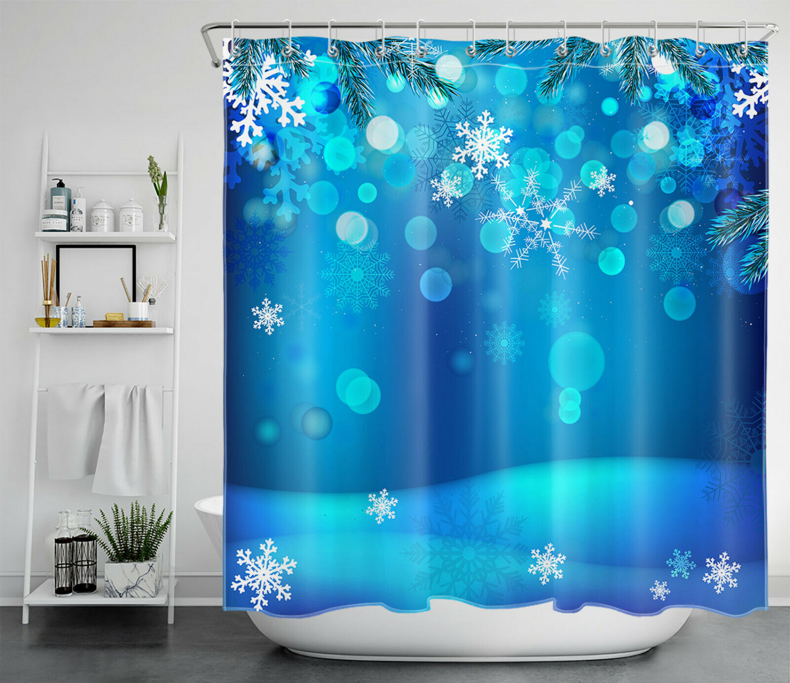 Beautiful Blue Winter Snowflake Merry Christmas Bathroom Shower Curtain